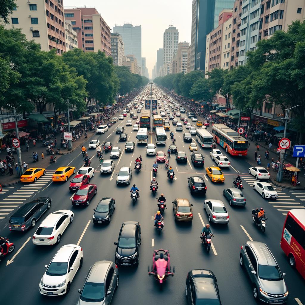 Giao thông đông đúc tại Ngã Bảy Lý Thái Tổ Lê Hồng Phong, Quận 10, Sài Gòn giờ cao điểm.